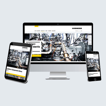 A computer, tablet and mobile phone with Liebherr-Components newsletter on it