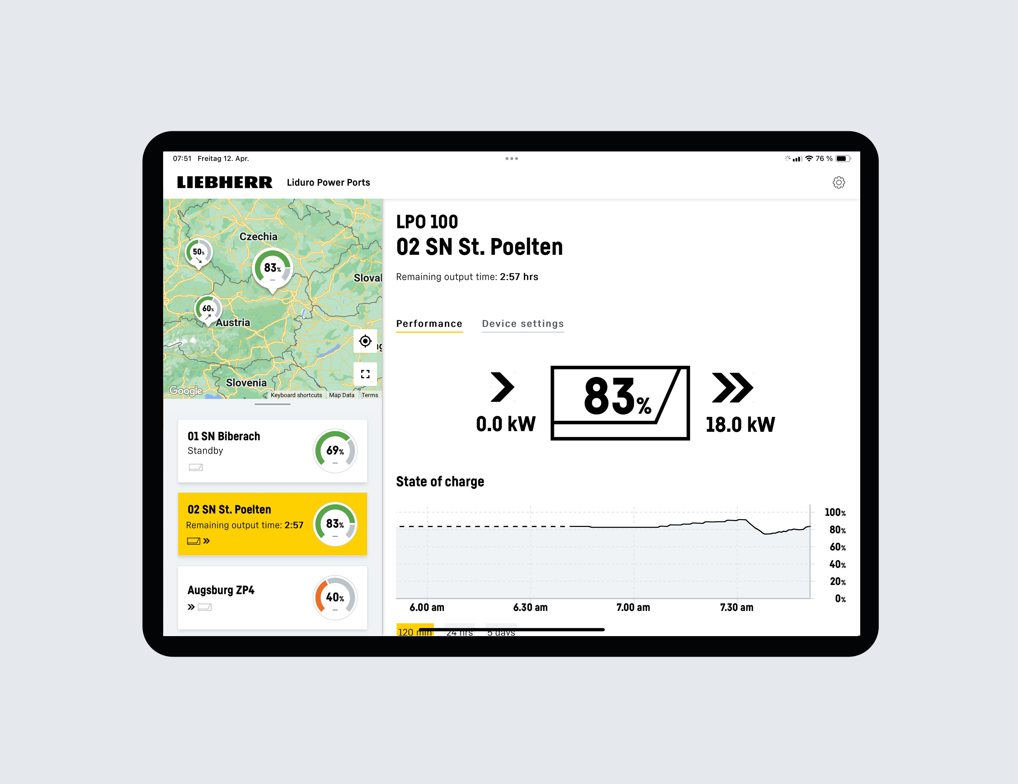 Tablet displaying the LPO monitoring app by Liebherr