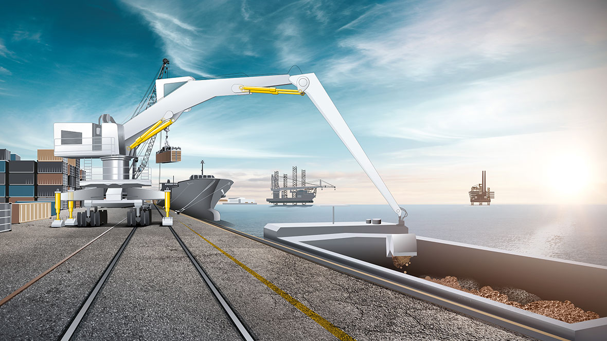 Liebherr crawler material handling machine works at the harbour