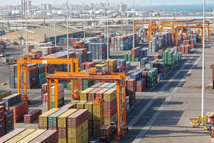 Rubber-wheeled container stacker cranes made by Liebherr in the Port of Shuaiba (Kuwait)
