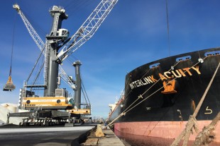 Liebherr Hafenmobilkran LHM 550 beim Schüttgutumschlag im Port of Providence, USA.